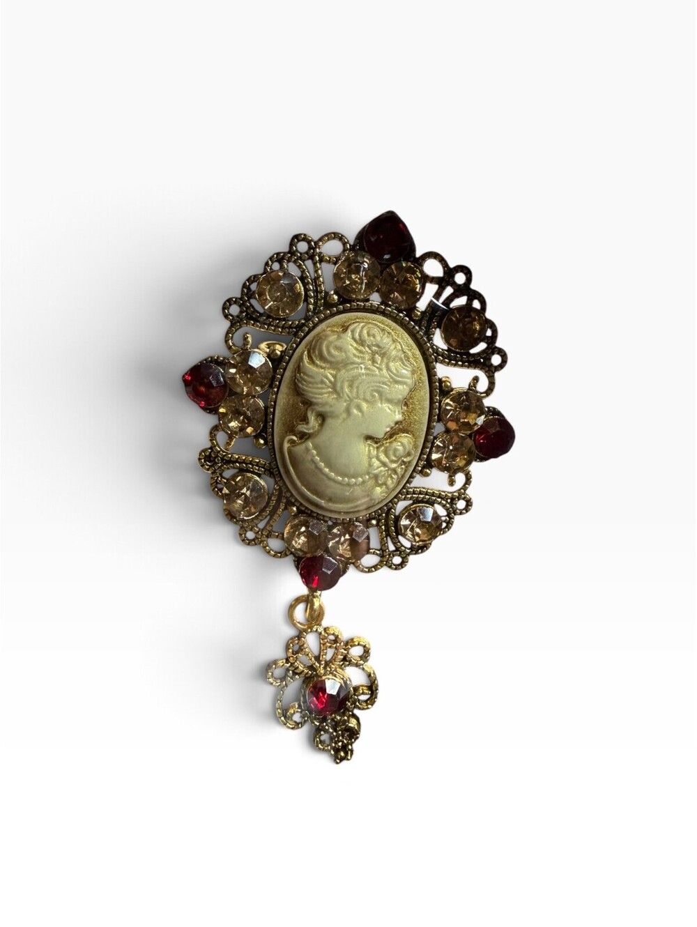 Vintage Cameo Brooch Gold Tone Filigree Red Amber Rhinestone Dangle Pin